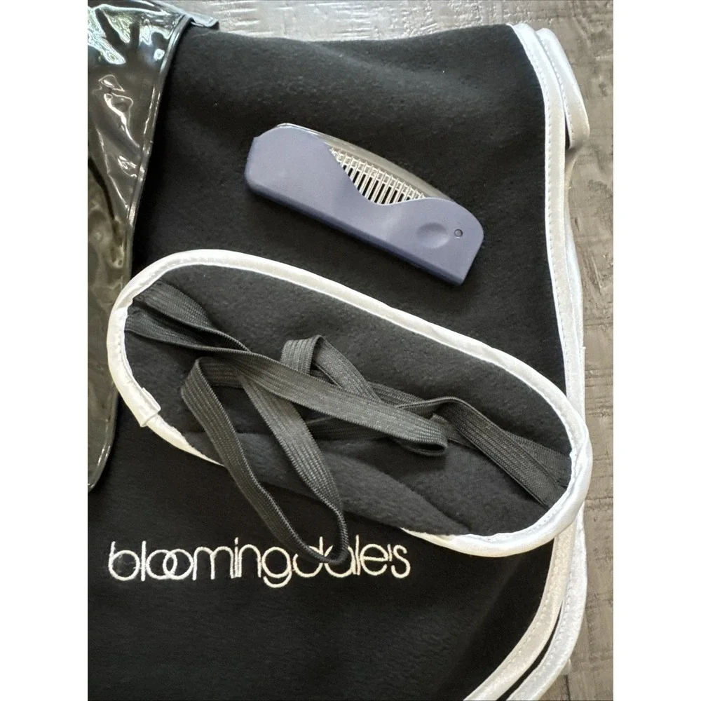 Bloomingdale's black travel or comfort kit Bag,  blanket, sleep mask pillow comb